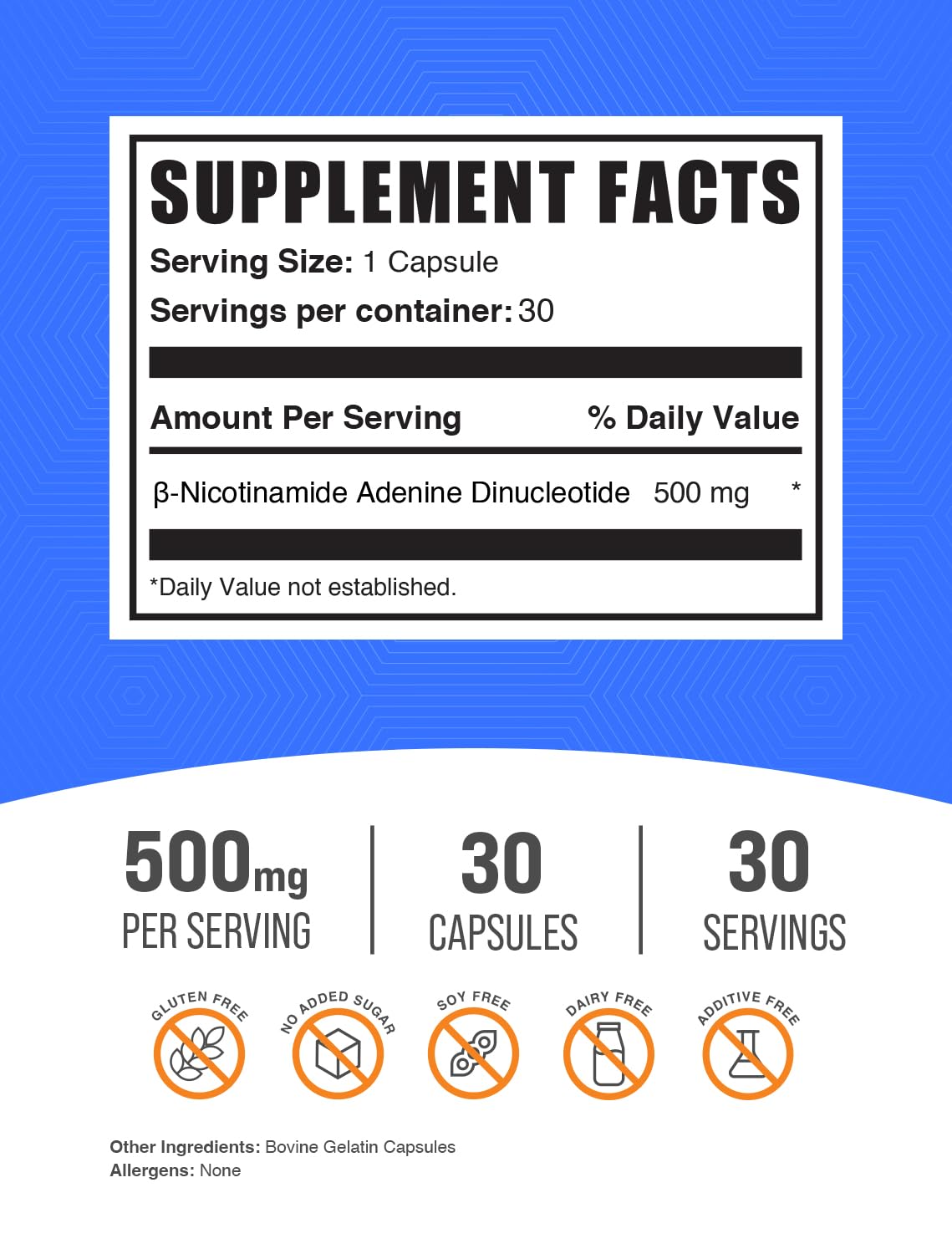 Bulksupplements NAD Capsules, étiquette et label clairs assurant transparence et traçabilité.