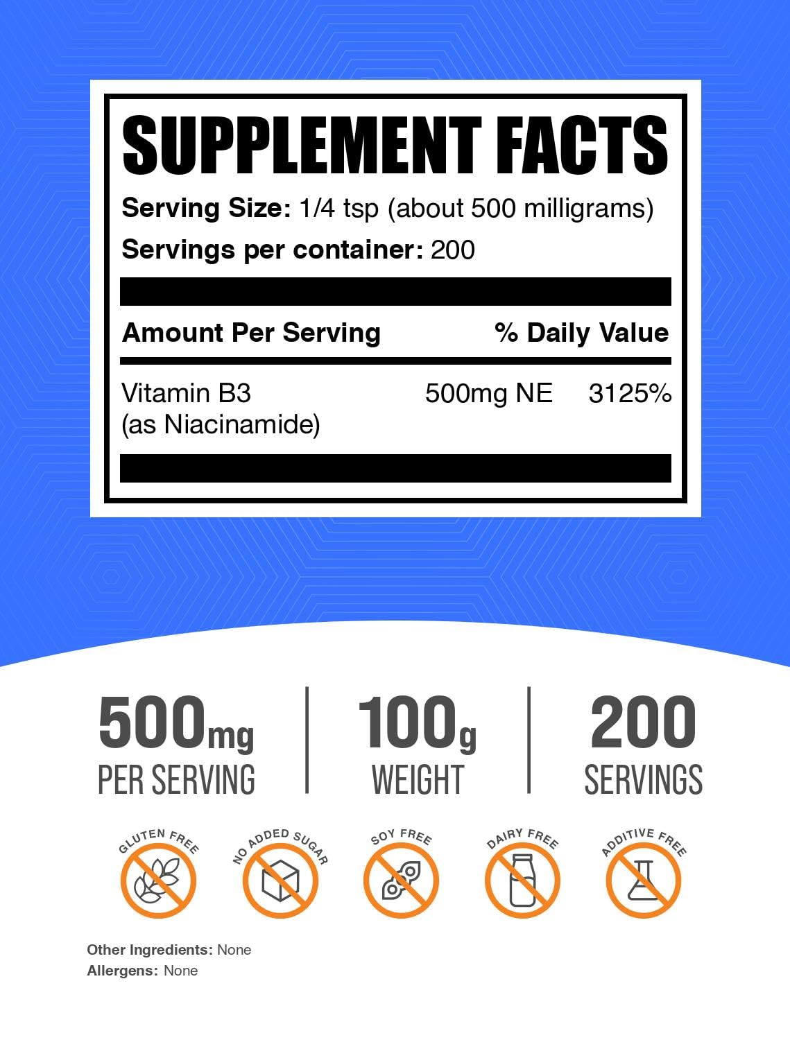 BulkSupplements Niacinamide poudre sans gluten pour routine quotidienne.