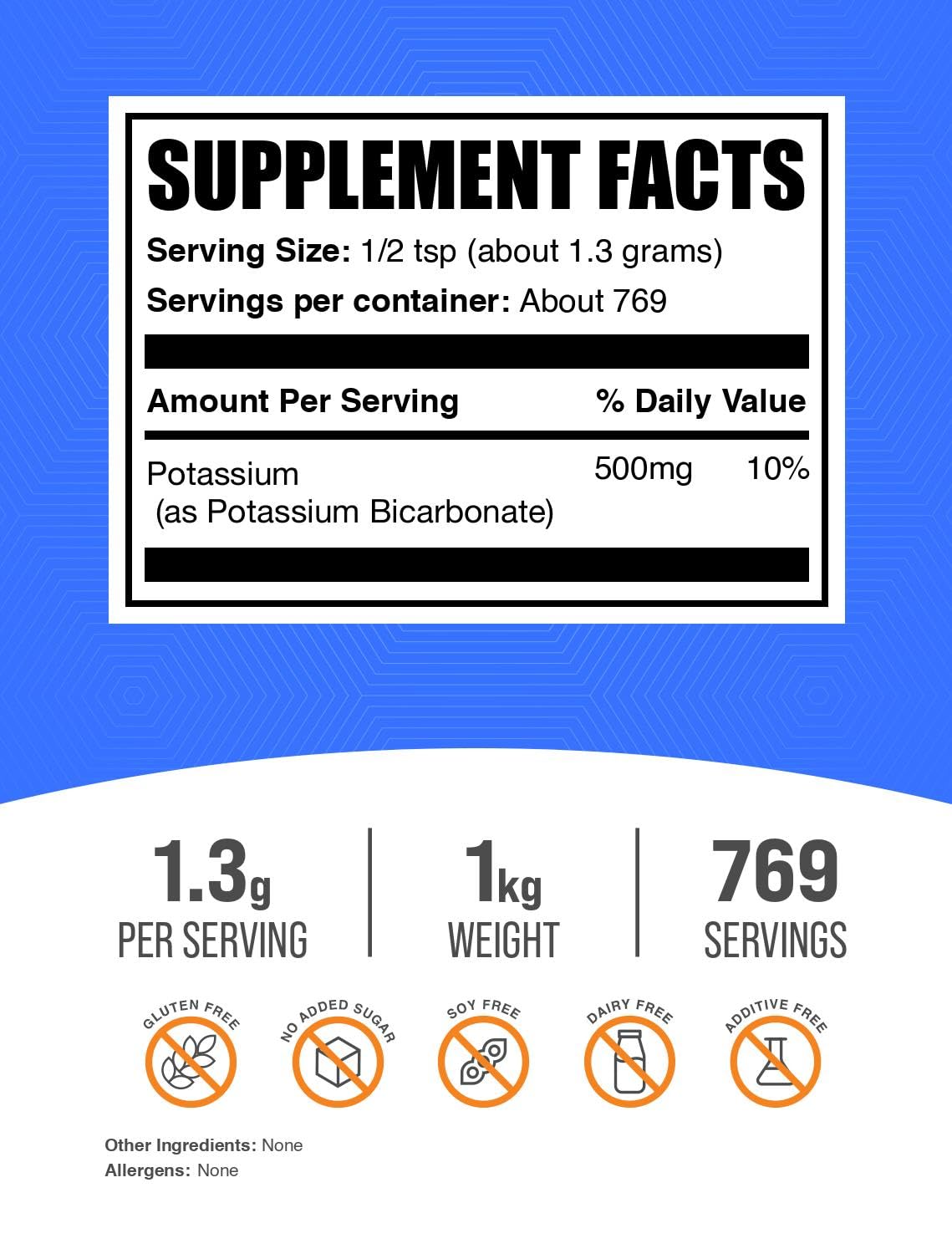 Bulksupplements Potassium Bicarbonate — étiquette claire pour la traçabilité.