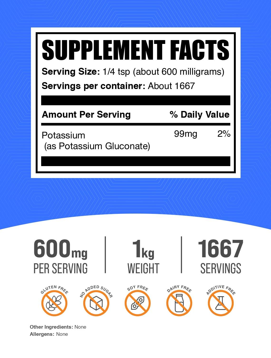 BulkSupplements Potassium Gluconate poudre-dose 99 mg utile pour l'équilibre des électrolytes.