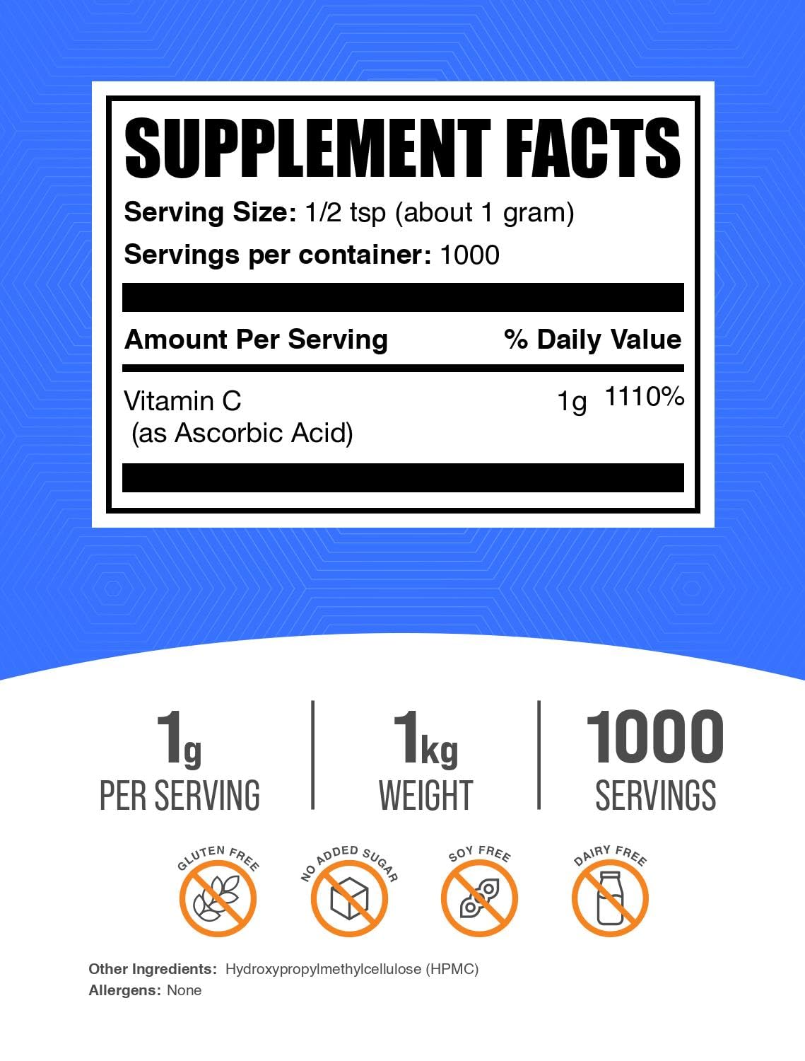 BulkSupplements Poudre d'acide ascorbique avec doseur, dosage précis facilitant vos routines.