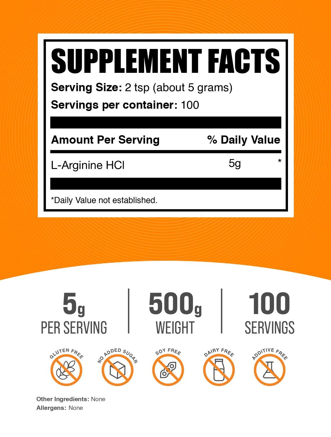 Poudre L-Arginine HCl BulkSupplements, poudre fine prête à être mélangée dans votre boisson.