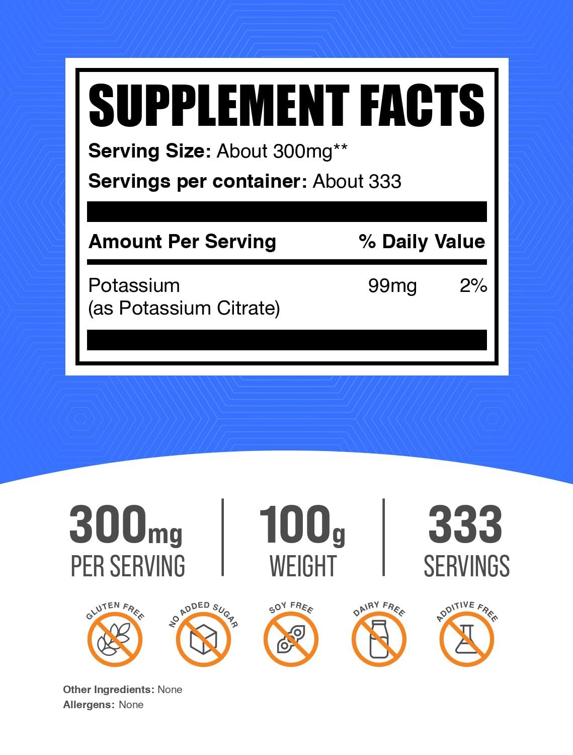 BulkSupplements Poudre citrate de potassium, texture fine pour dissolution rapide.