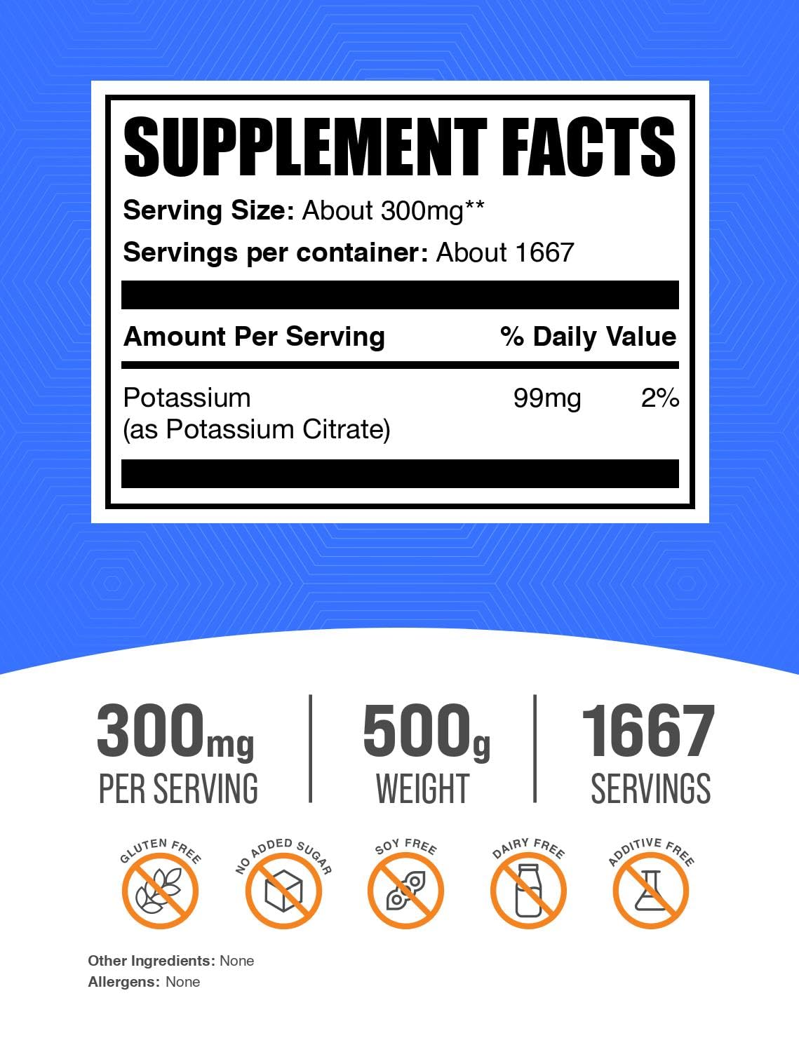 Bulksupplements Poudre citrate de potassium – verser dans un verre pour hydrater facilement.