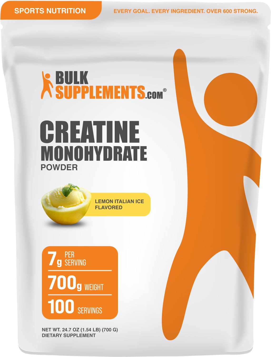 BulkSupplements créatine monohydrate poudre saveur citron italien glace, idéale pour l’entraînement.