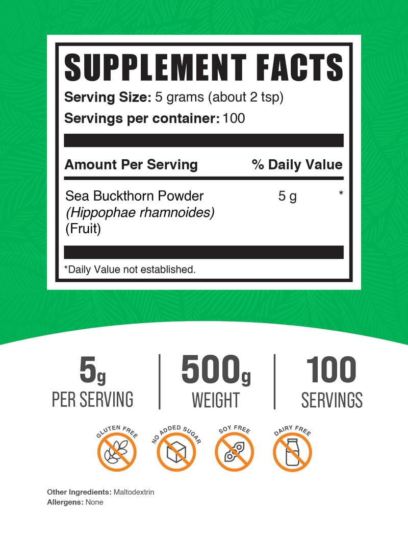 Poudre d’Argousier BulkSupplements idéale pour smoothies et jus.