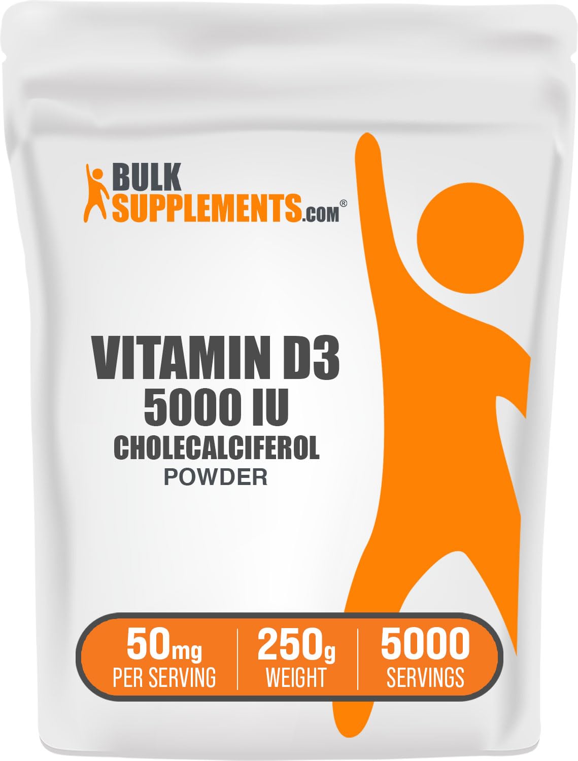 Bulksupplements Vitamine D3 Poudre 250 g, contenant pratique pour usage quotidien.