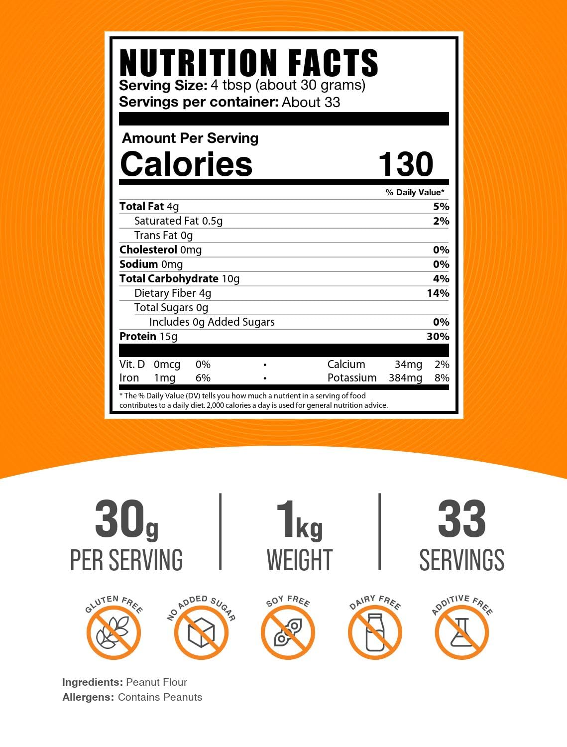 BulkSupplements Poudre protéine cacahuète 30 g par portion, ajout facile à une boisson.