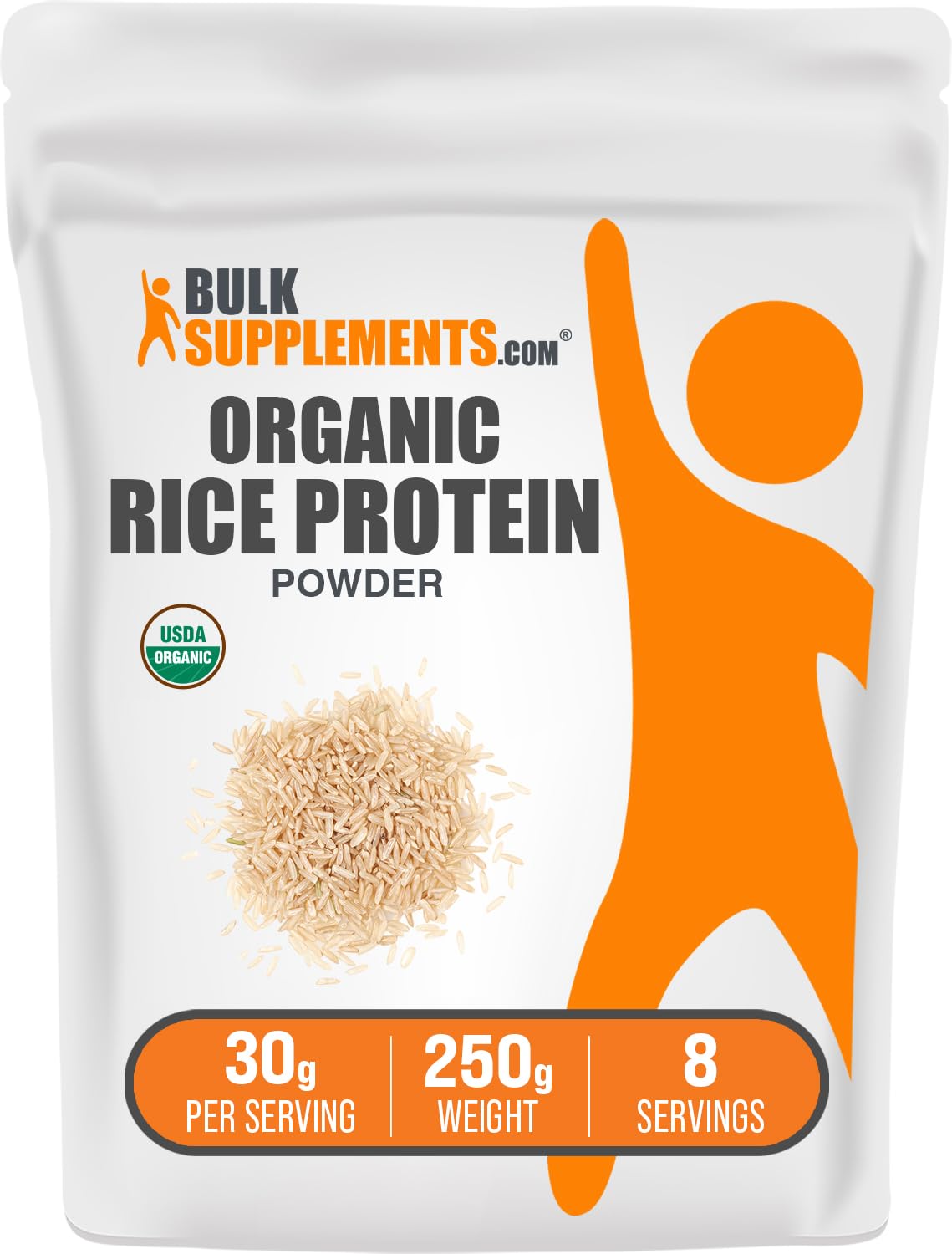 Poudre protéine riz biologique BulkSupplements sans arôme prête à être ajoutée dans des smoothies.