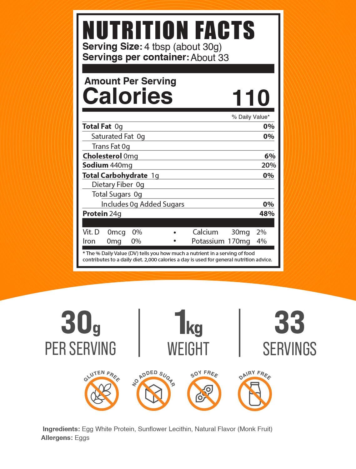 BulkSupplements protéine blanc d'œuf en poudre sans lactose, adaptée à un régime sans lactose