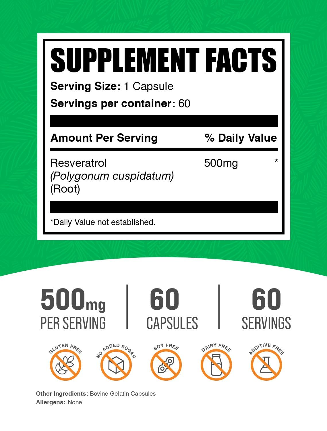 Capsules Resveratrol BulkSupplements, dosage de 500 mg, pratique et facile à prendre.