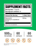 Capsules Resveratrol BulkSupplements, dosage de 500 mg, pratique et facile à prendre.