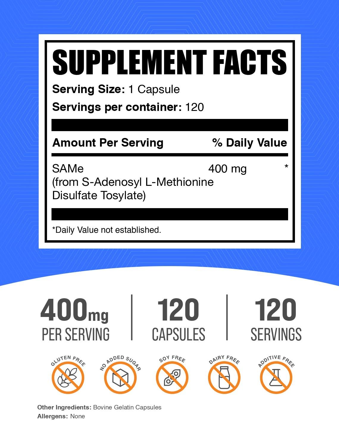 Capsules SAM-e BulkSupplements au format compact, faciles à emporter.