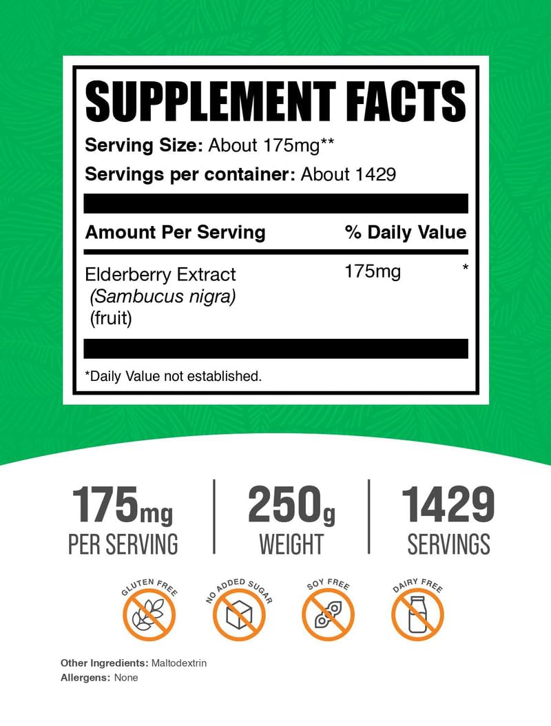 Doseur illustrant la dose recommandée de poudre de sureau BulkSupplements