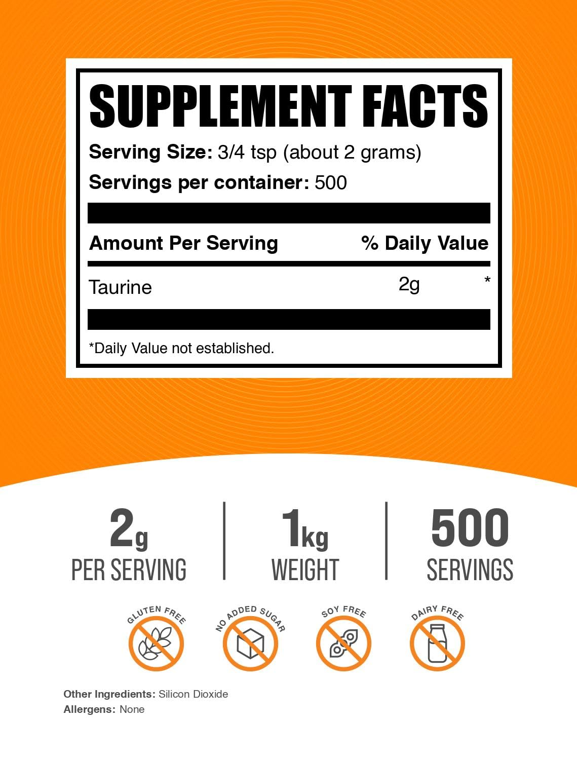 BulkSupplements Taurine Poudre doseuse pour dosage précis de 2000 mg.