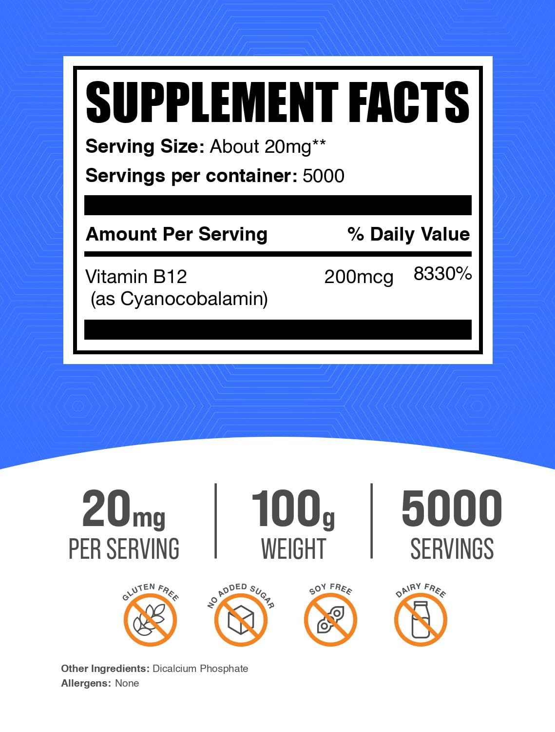 BulkSupplements Vitamine B12 en poudre, scoop inclus, dosage pratique.