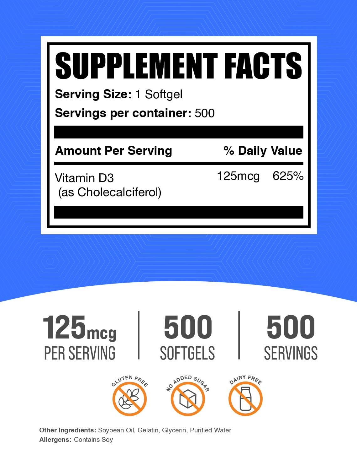 Bulksupplements vitamine D3 5000UI, gélules faciles à avaler le matin.