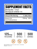 Bulksupplements vitamine D3 5000UI, gélules faciles à avaler le matin.