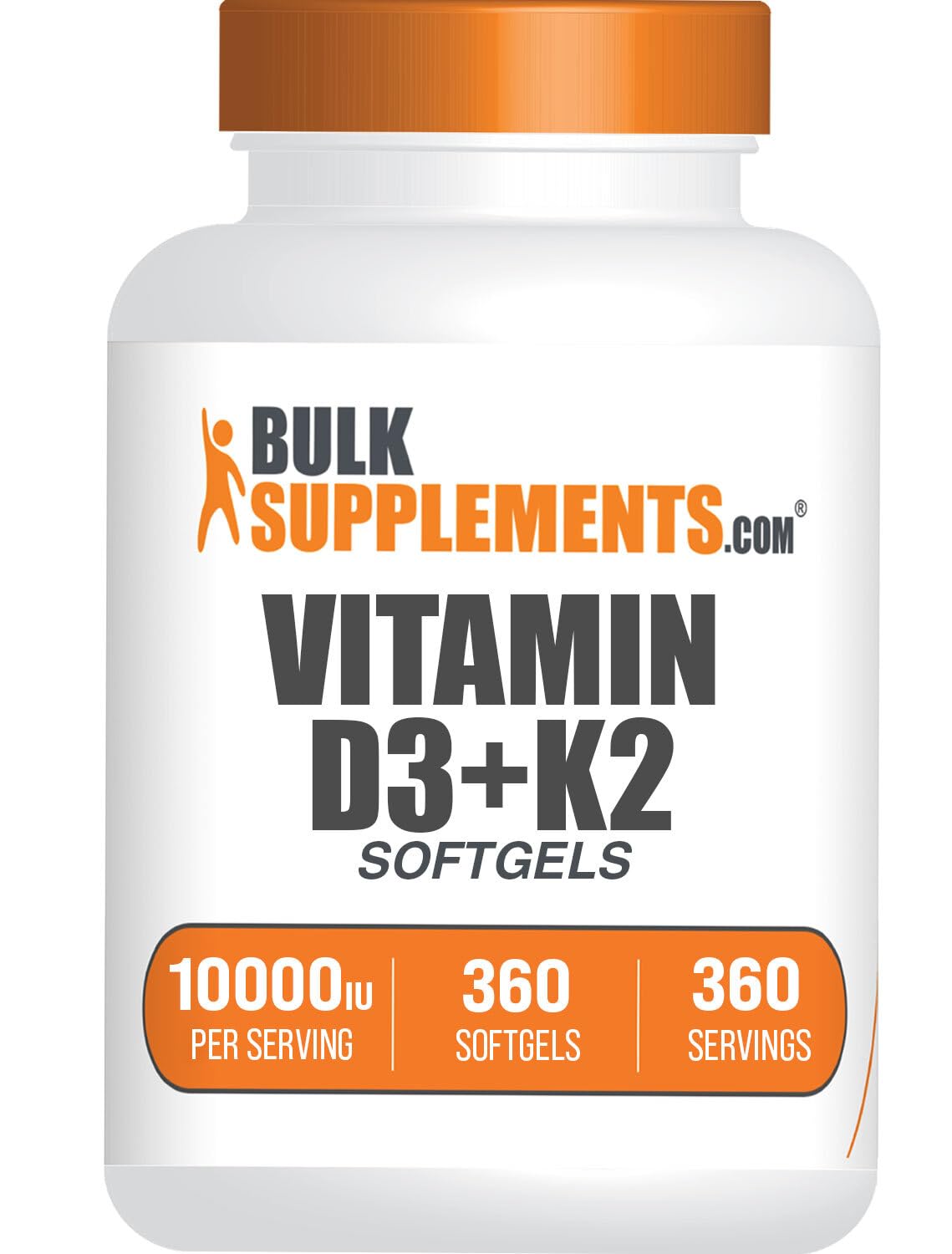 Bulksupplements vitamine D3 + K2 – bouteille visible, soutien quotidien à l'énergie et au bien-être.