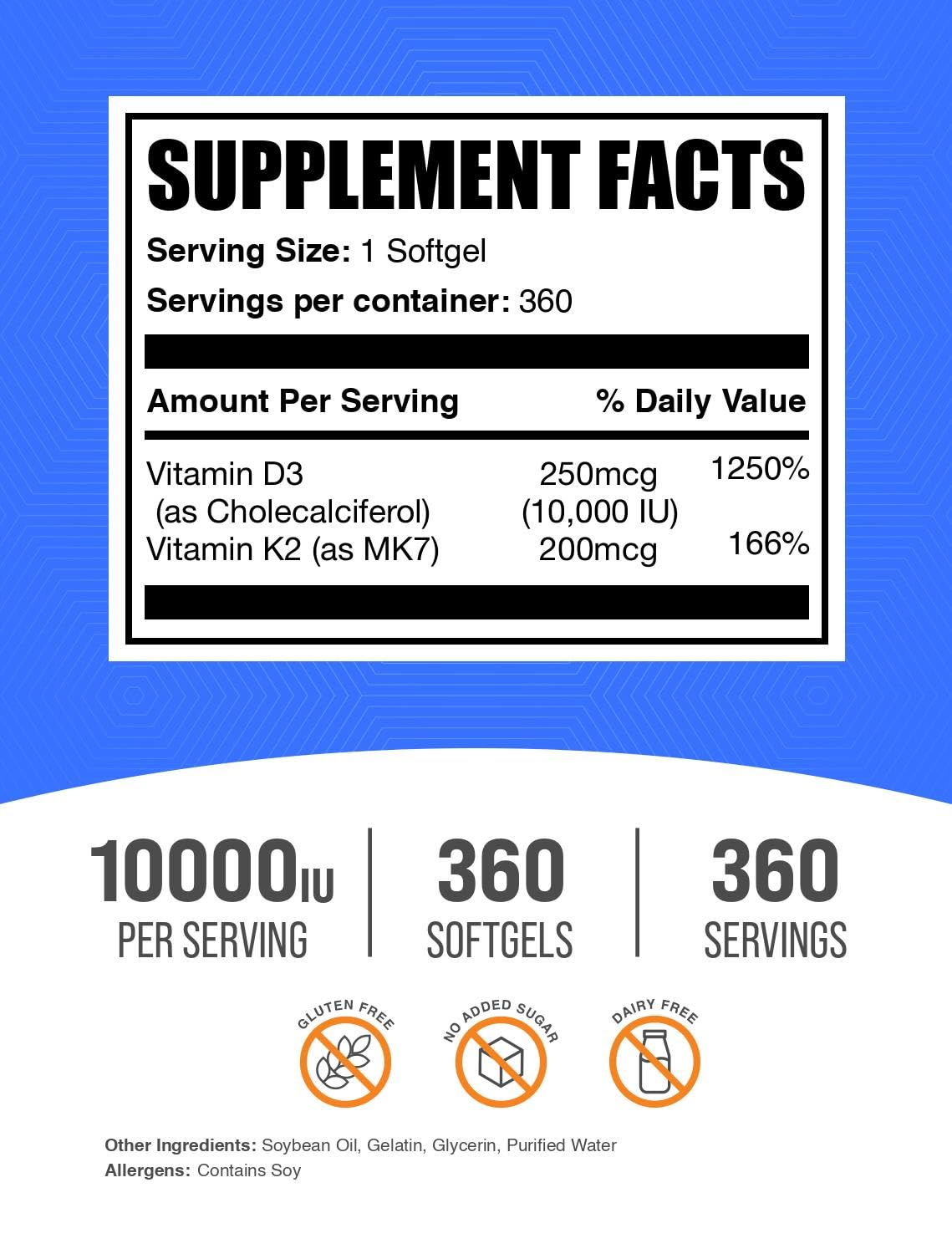 Bulksupplements vitamine D3 + K2 – étiquette lisible, transparence des ingrédients.