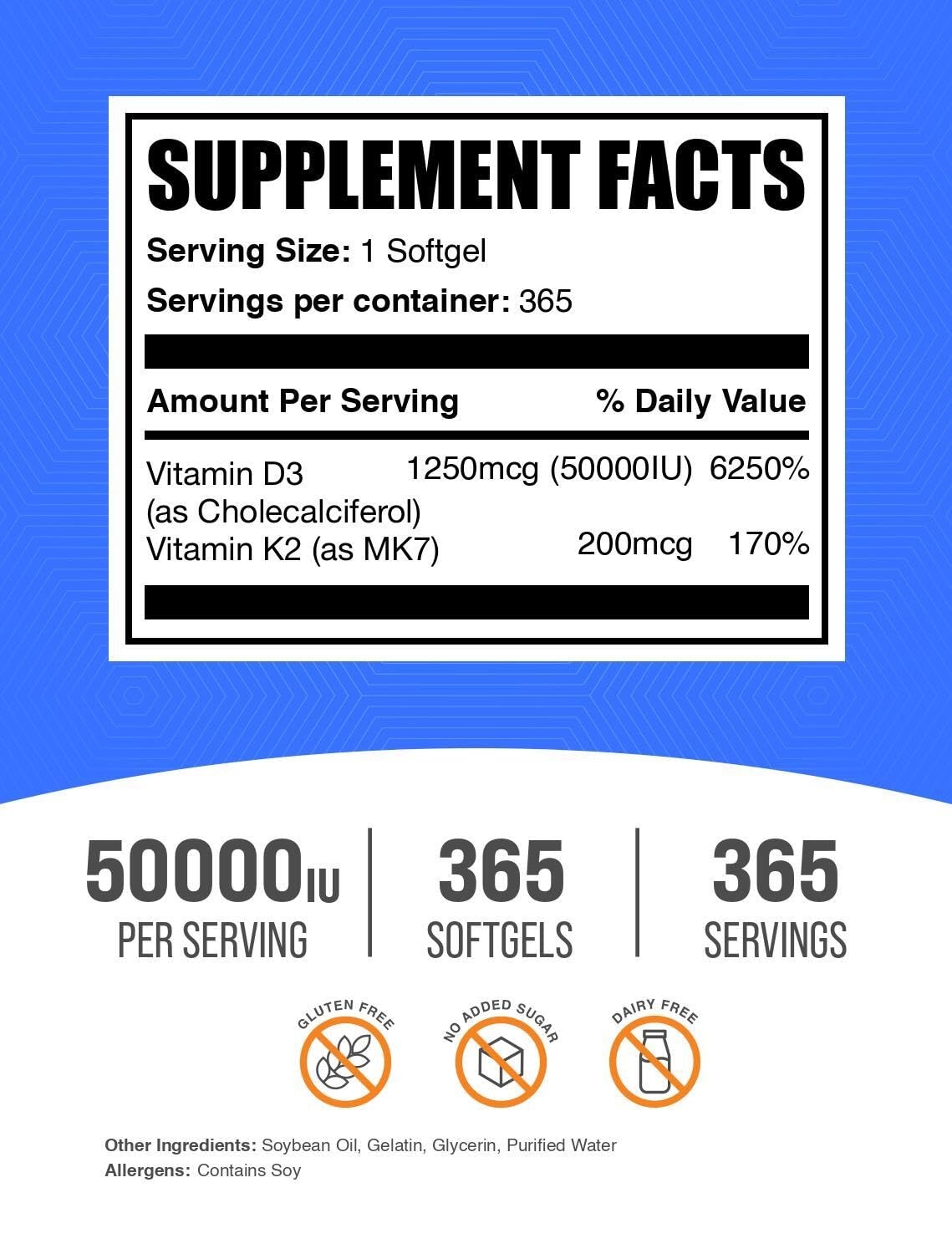 Gélules Bulksupplements D3/K2, dosage quotidien pratique pour compléter vos apports.