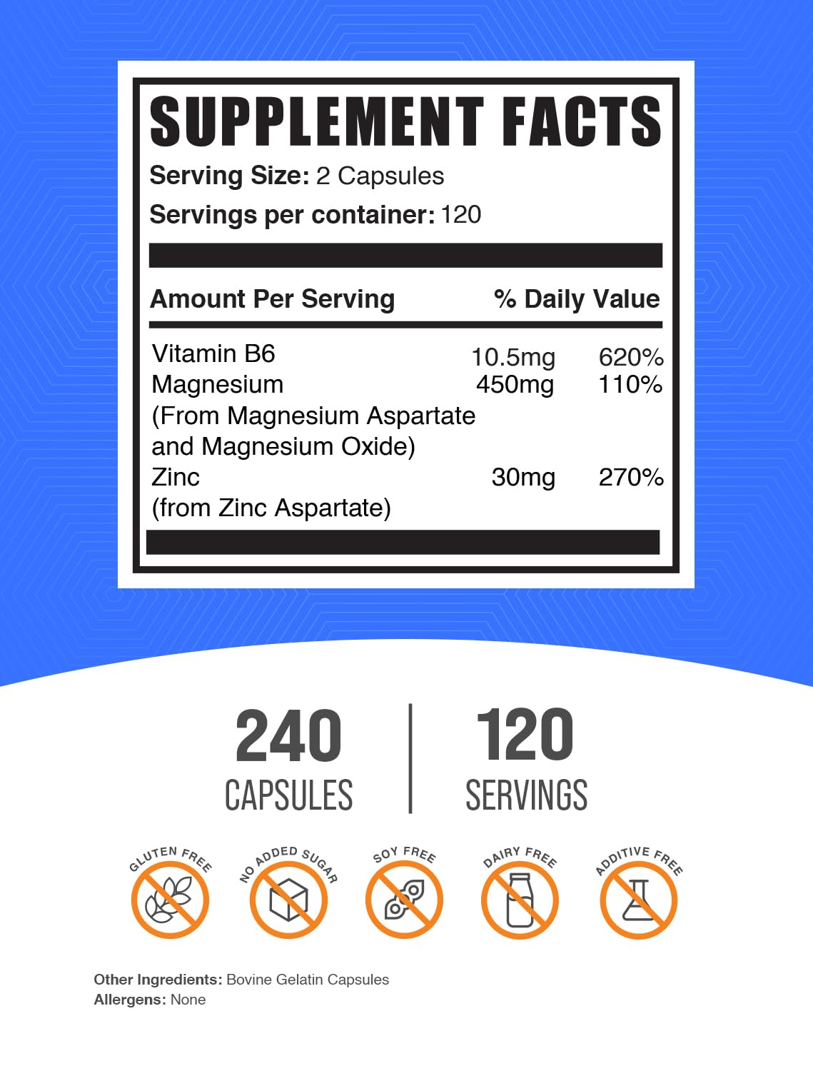 Bulksupplements Zinc Magnesium Aspartate - gelules sans gluten, faciles à avaler le matin.