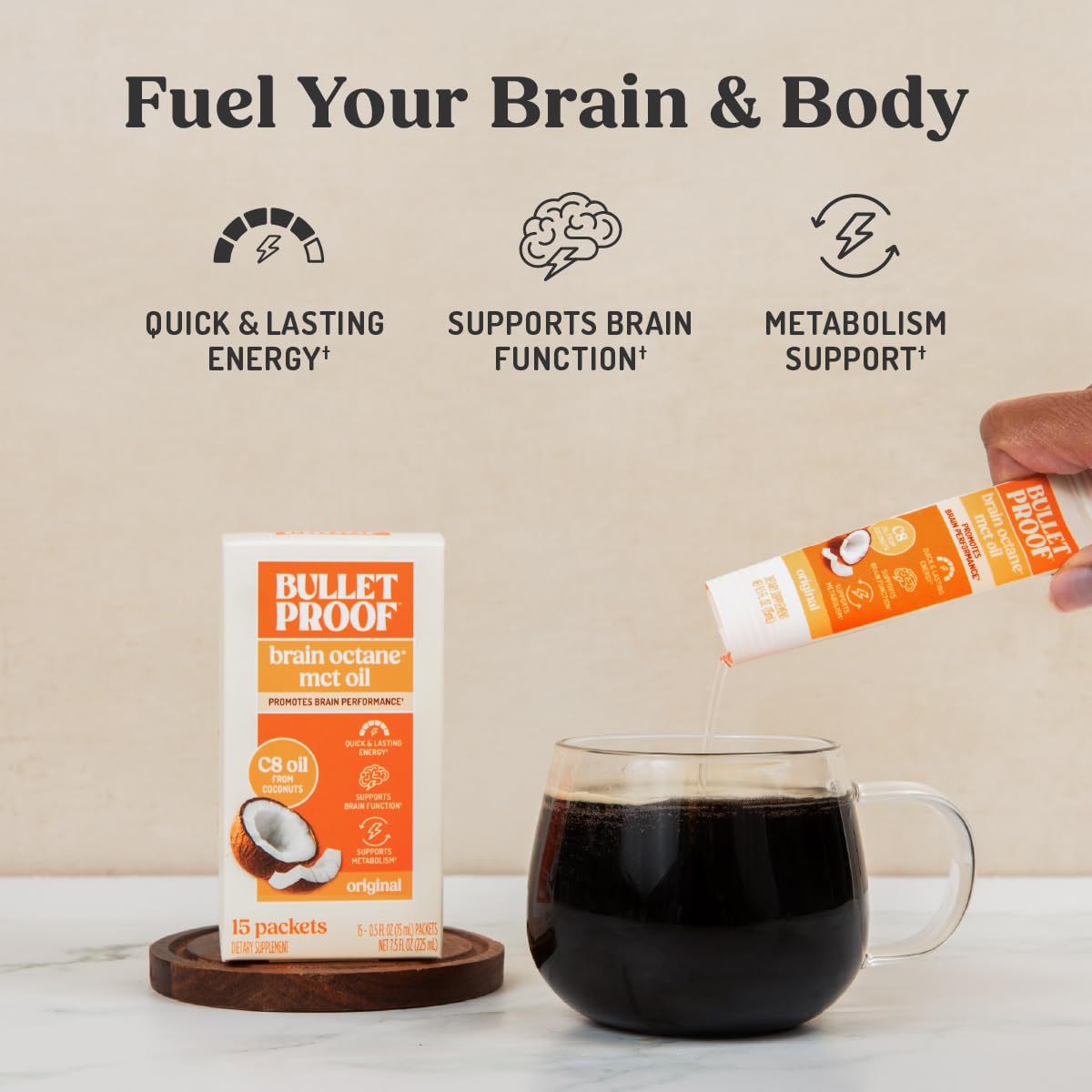 Bulletproof Brain Octane C8 MCT Oil, dose en café pour démarrer la matinée.