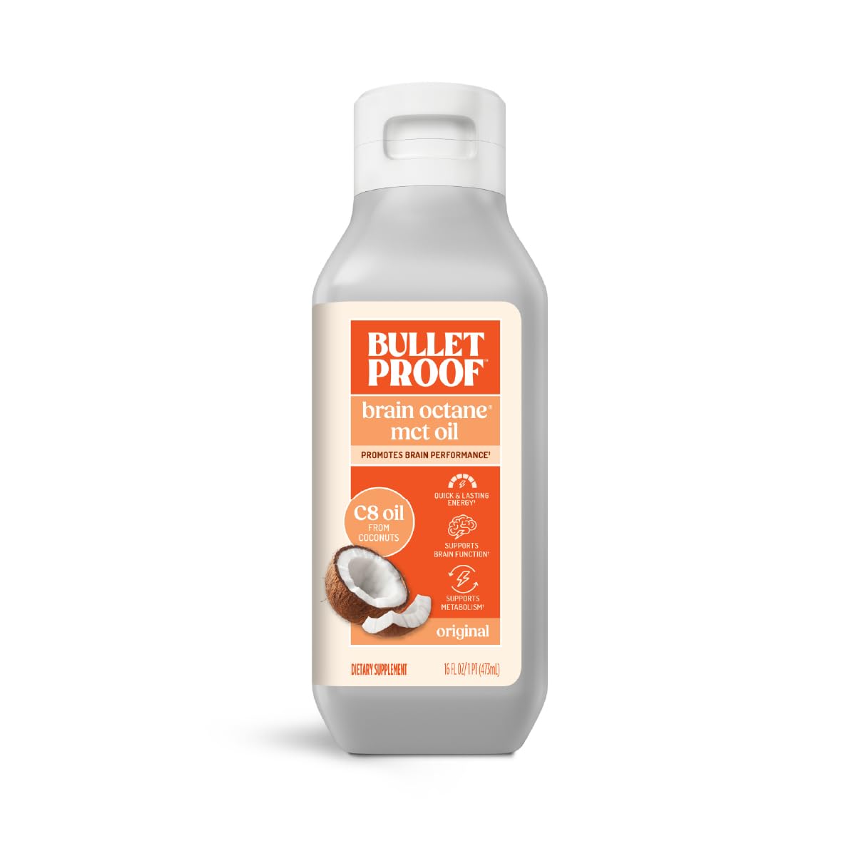 Bulletproof Brain Octane C8 MCT Oil, bouteille, énergie durable pour votre journée.