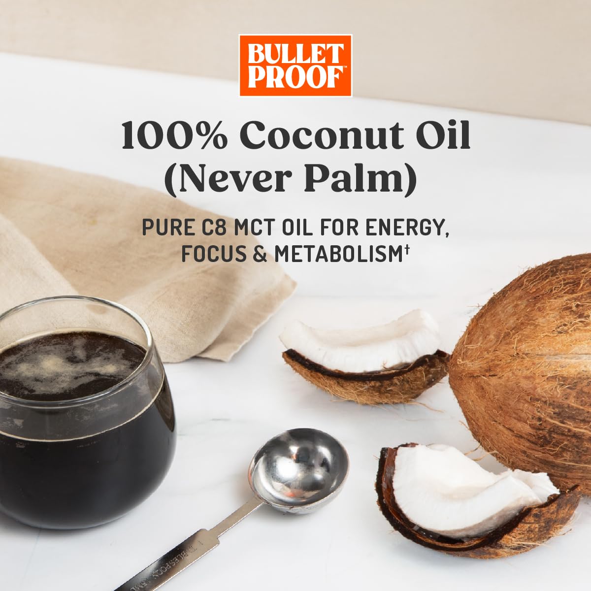 Bulletproof Brain Octane C8 MCT Oil, cuillère-dose, démarrage progressif recommandé.