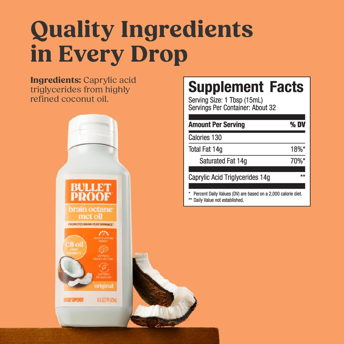 Bulletproof Brain Octane C8 MCT Oil, étiquette visible, ajout facile au café ou smoothie.
