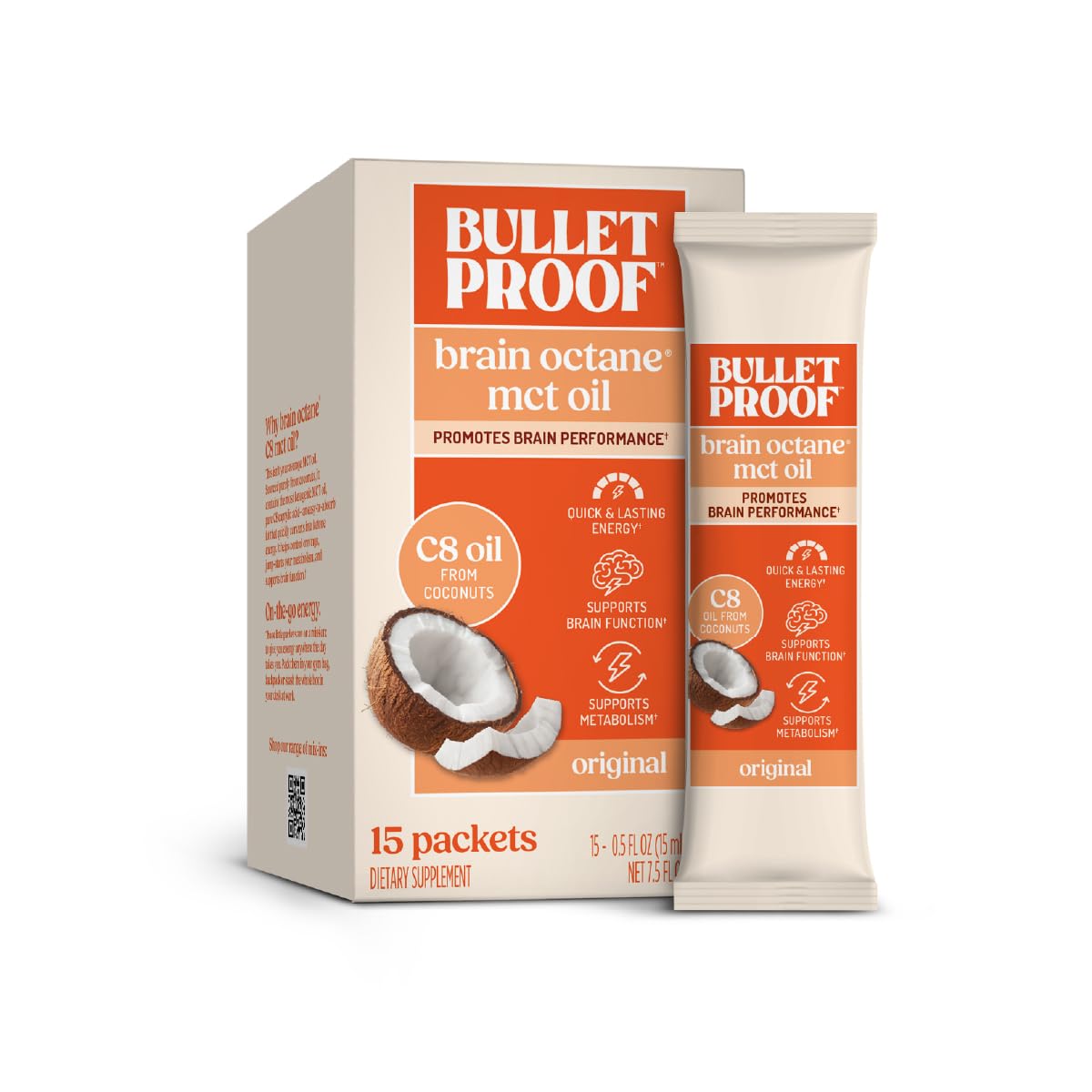 Bulletproof Brain Octane C8 MCT Oil en sachets, énergie rapide pour la journée.