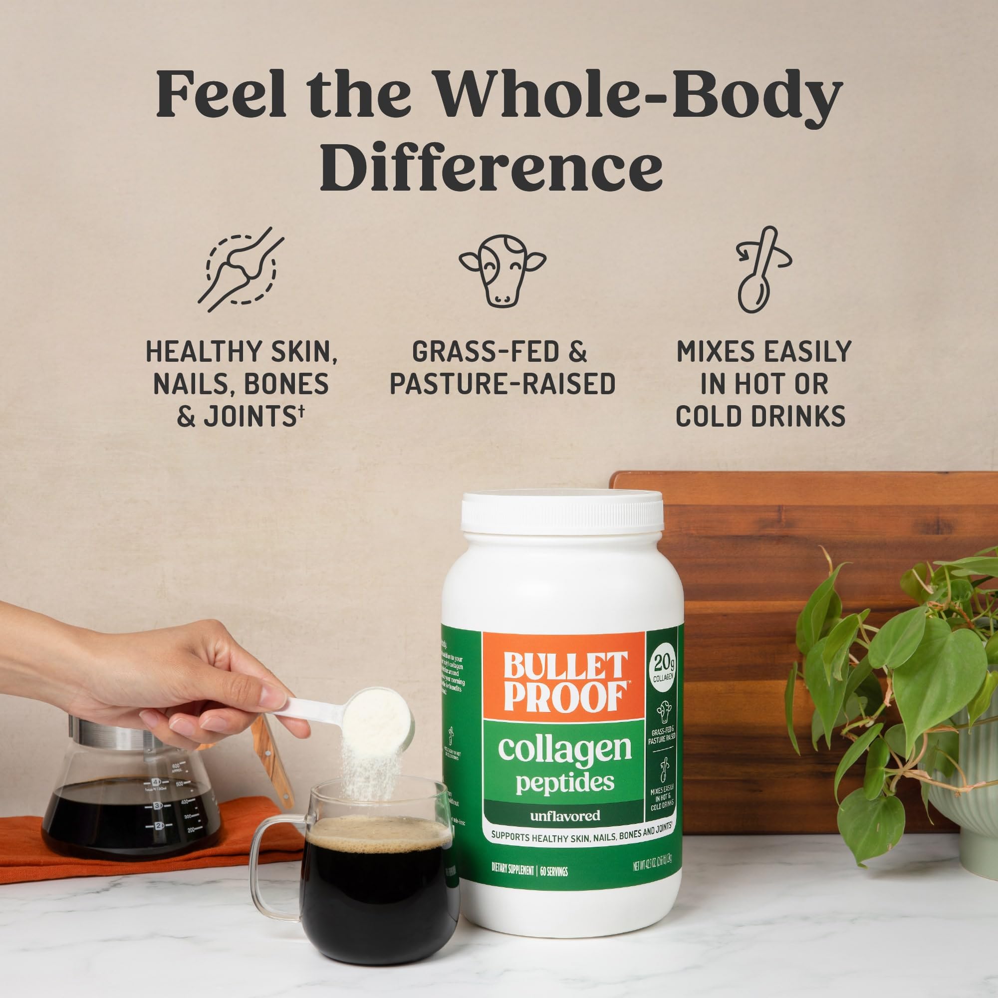 Bulletproof Collagen Peptides, 20 g par portion, pratique dans smoothies et soupes.
