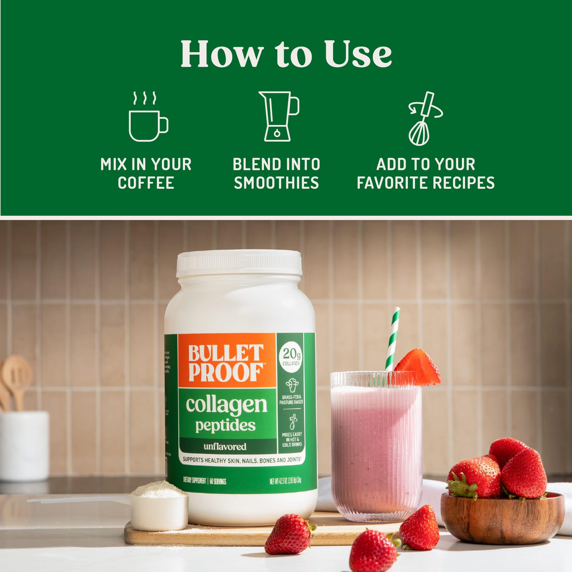 Bulletproof Collagen Peptides se dissolvent facilement dans eau chaude ou froide, préparation rapide.