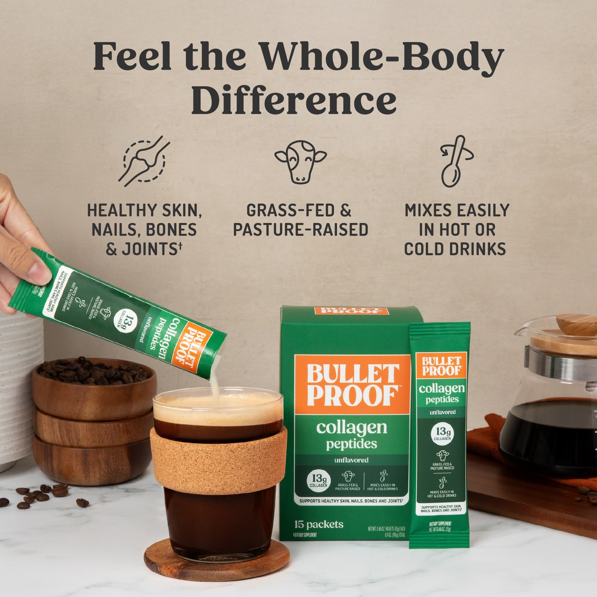 Bulletproof Collagène préparation-eau-chaude se dissout rapidement dans une boisson.