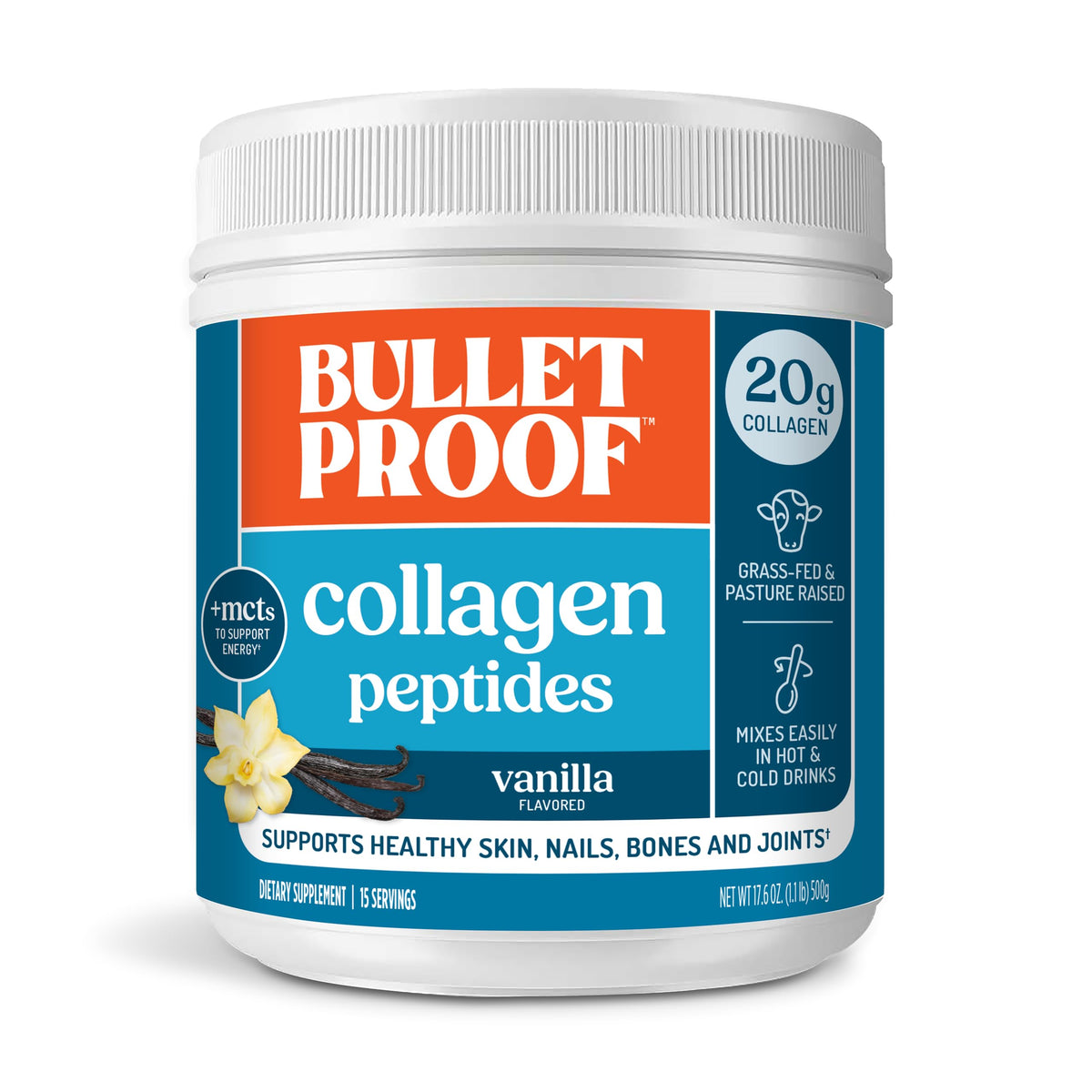 Pot Bulletproof vanille collagene, parfait pour mélanger dans café ou smoothie.