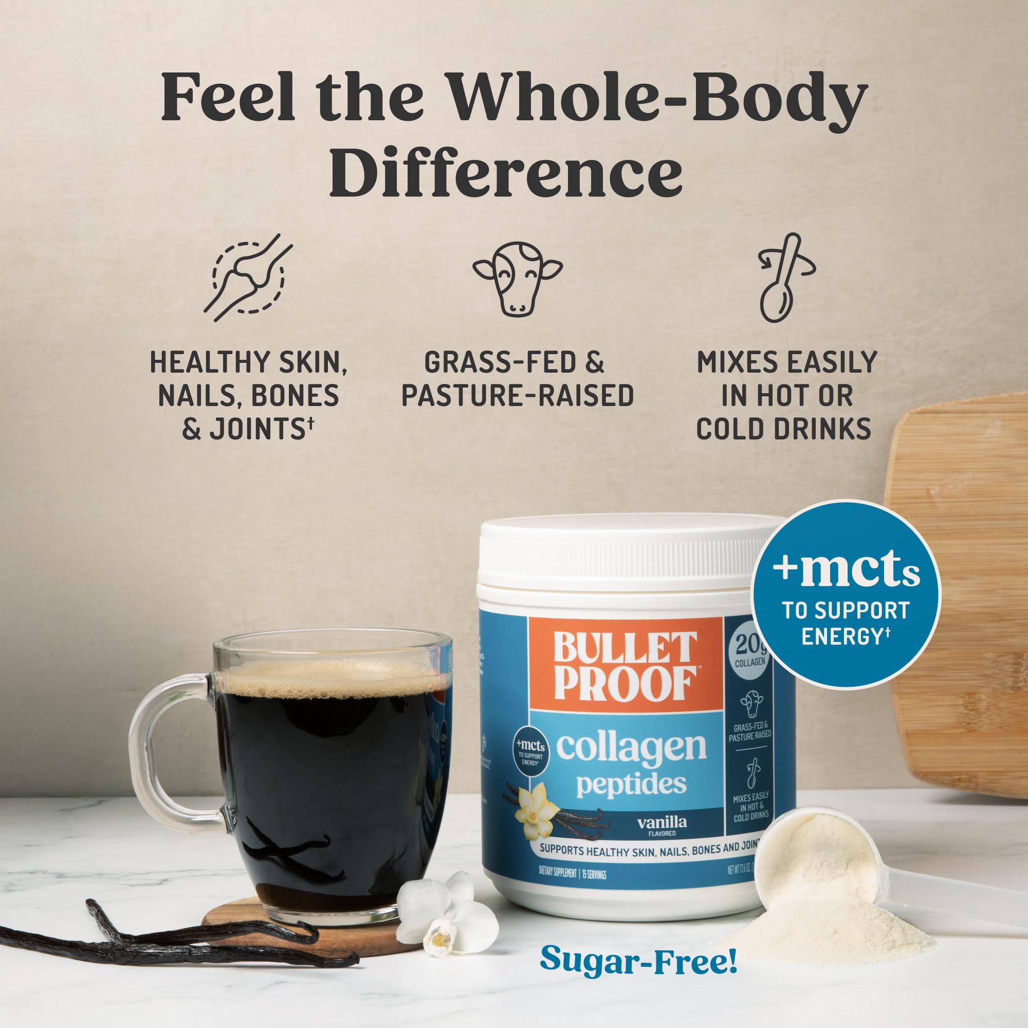 Smoothie préparé avec Bulletproof vanille collagene, texture lisse et nutrition.