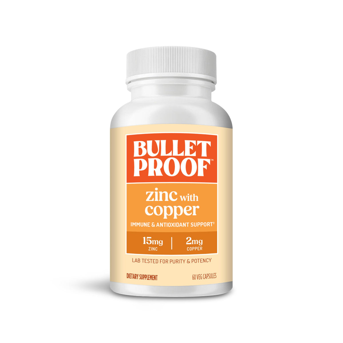 Bulletproof Zinc avec Cuivre, bouteille montrant la formulation équilibrée pour le soutien immunitaire.