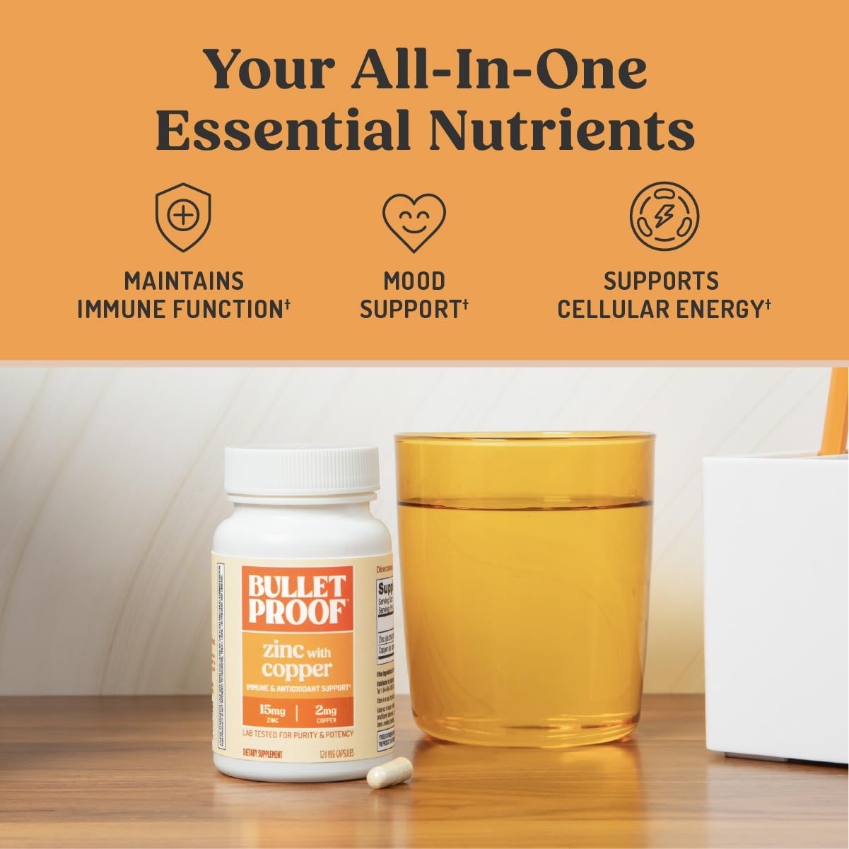 Dose quotidienne affichée sur l'emballage, Bulletproof Zinc avec Cuivre.