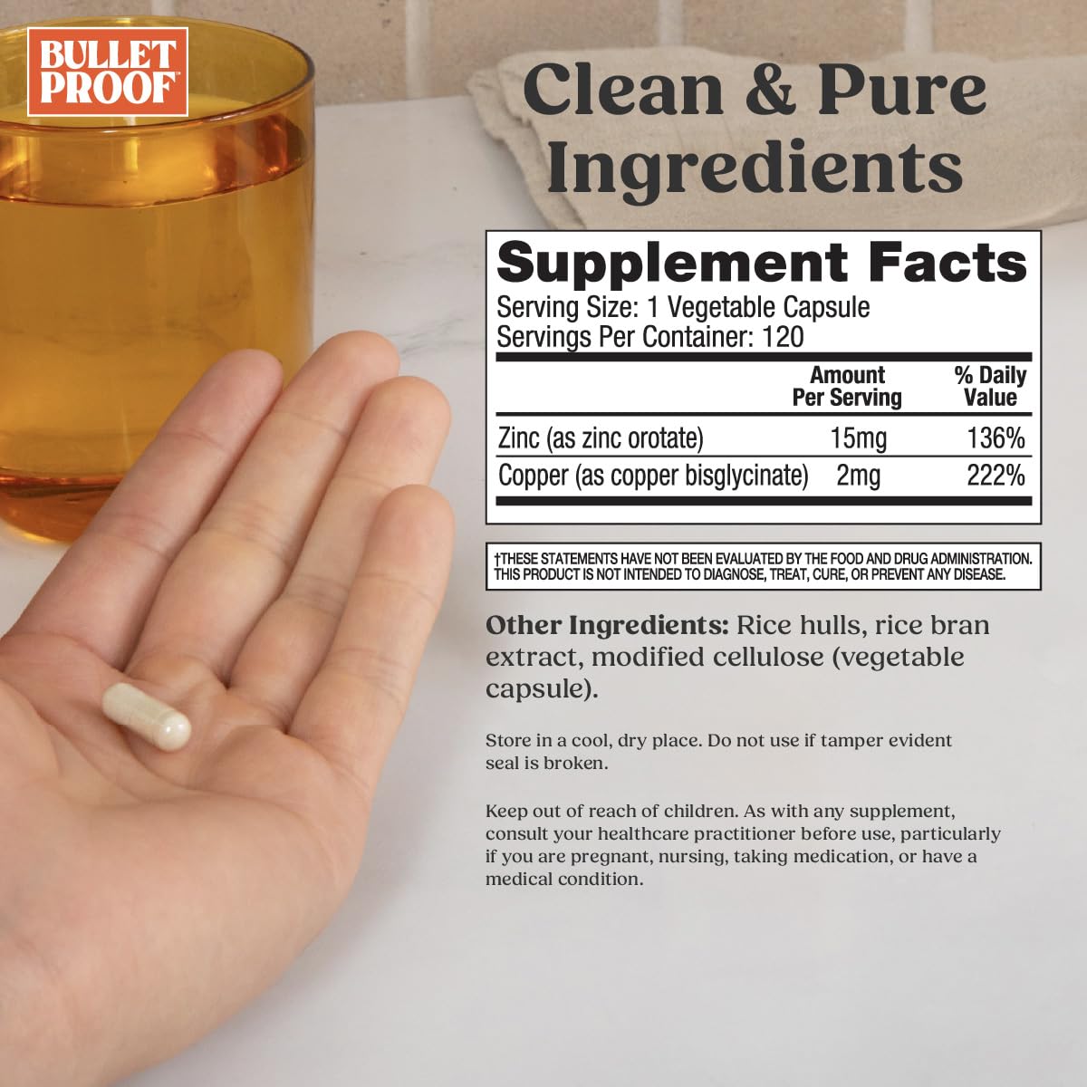 Étiquette Bulletproof Zinc avec Cuivre, informations claires sur les minéraux.