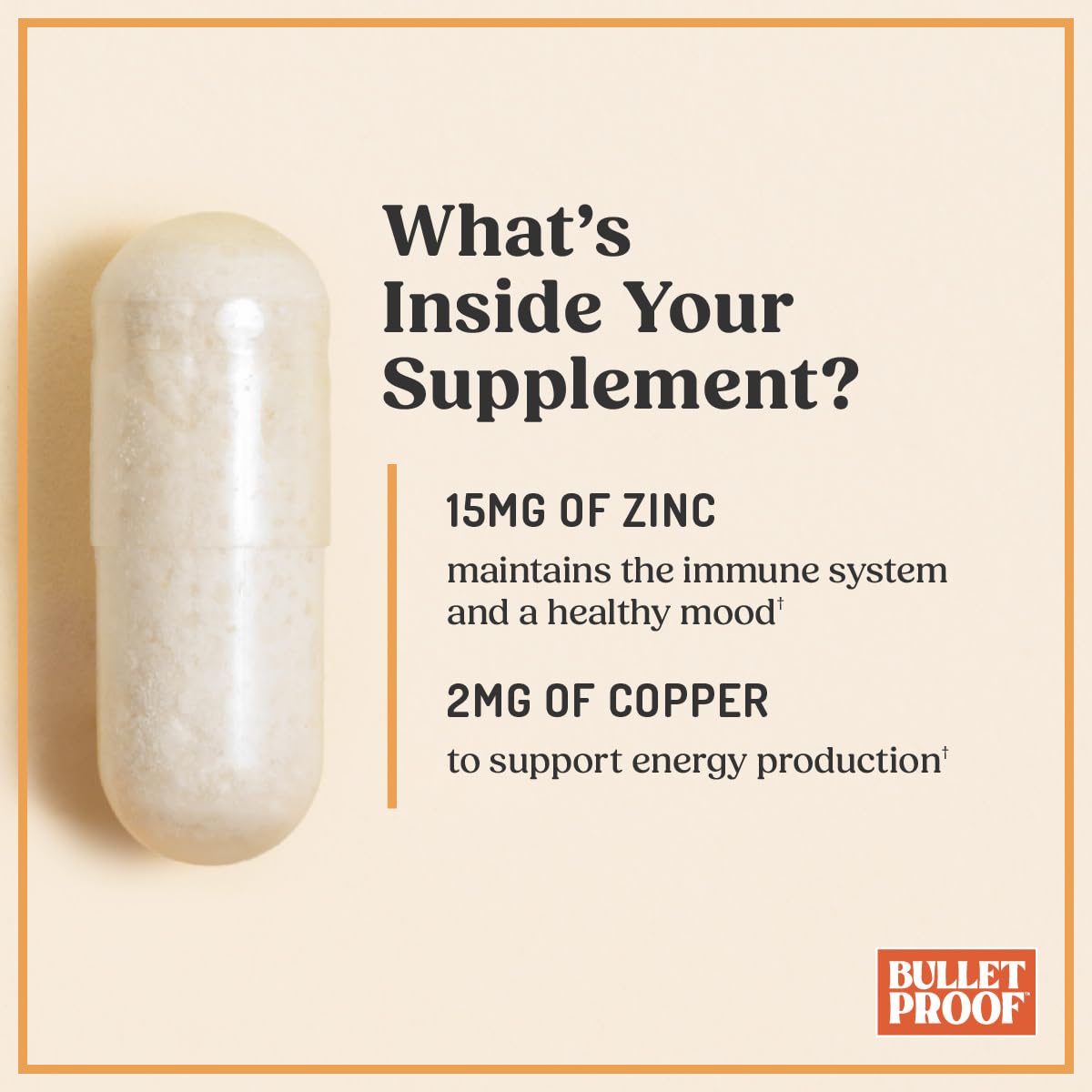 Tableau nutritionnel Bulletproof Zinc avec Cuivre, détails sur zinc et cuivre.