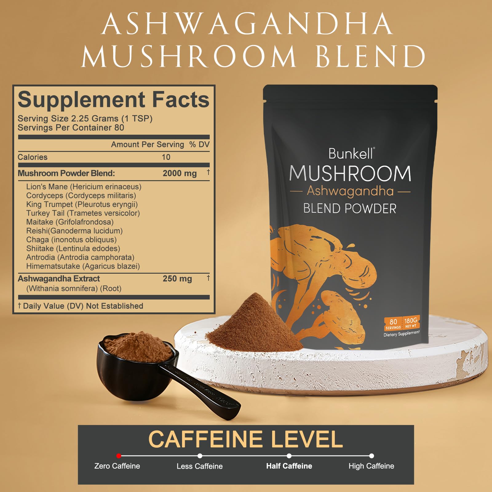 Poudre fine Bunkell Ashwagandha prête à être ajoutée dans thé ou café quotidien.