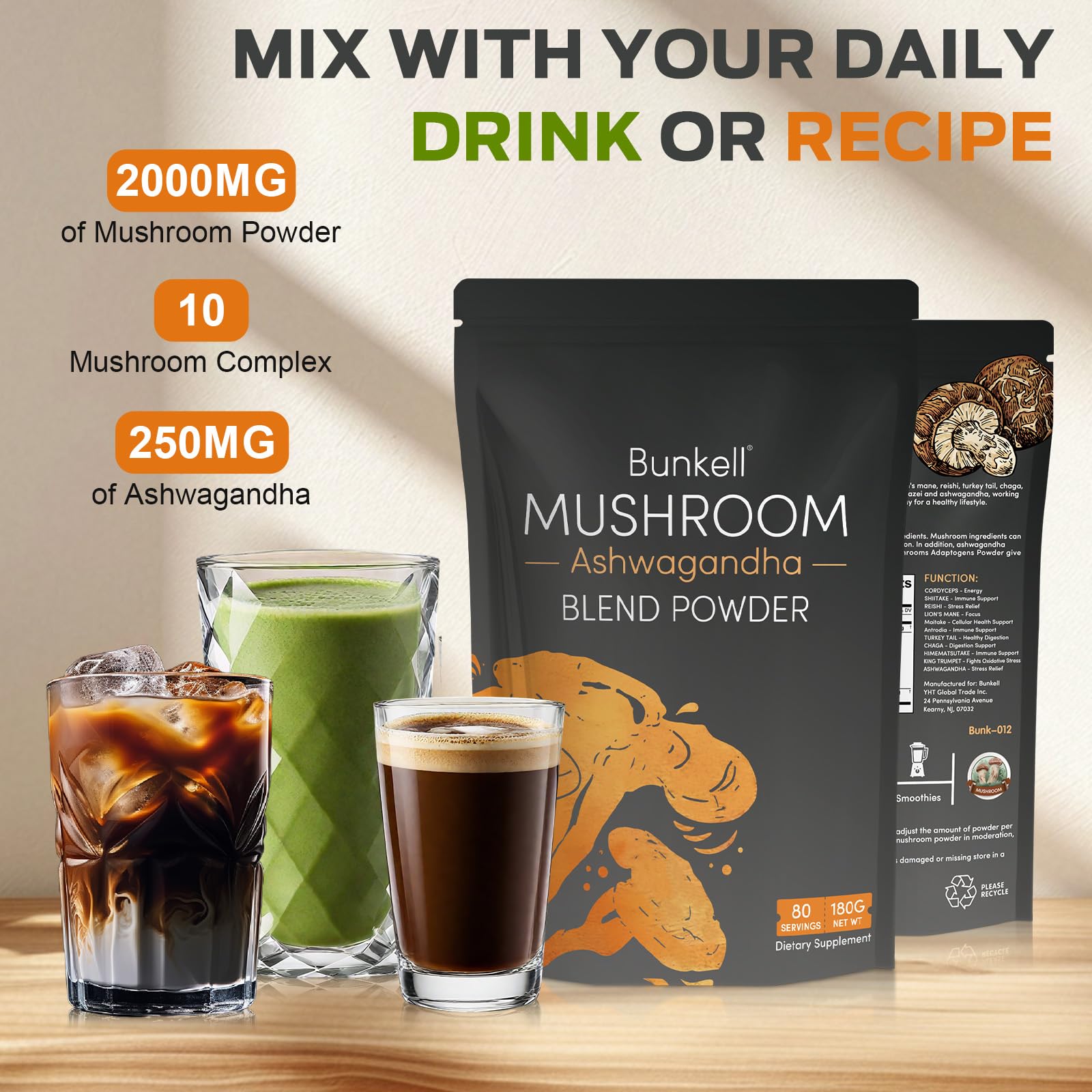 Smoothie Bunkell Ashwagandha avec poudre de champignons pour énergie naturelle.