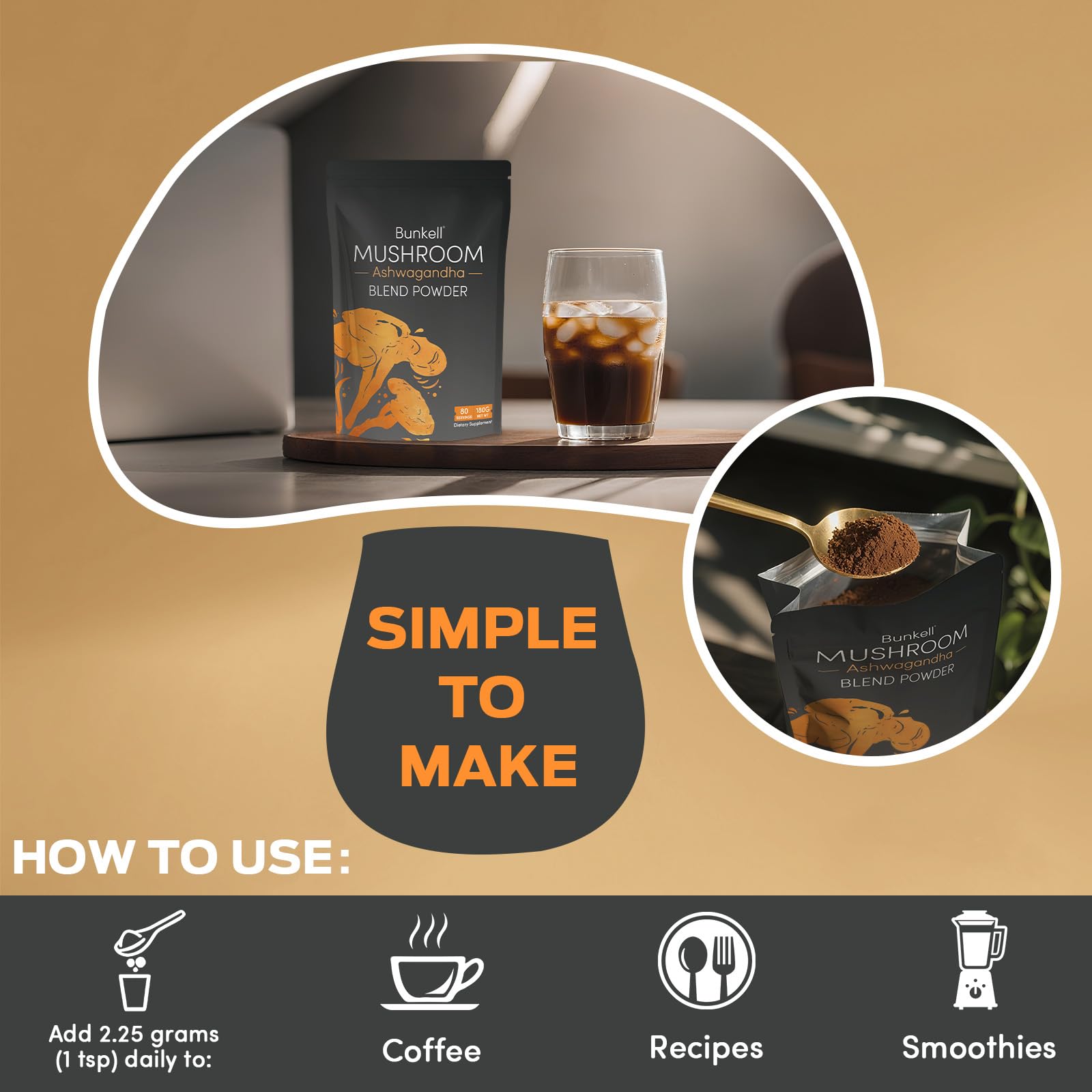 Bocal Bunkell Ashwagandha – emballage pratique et étiquetage clair.