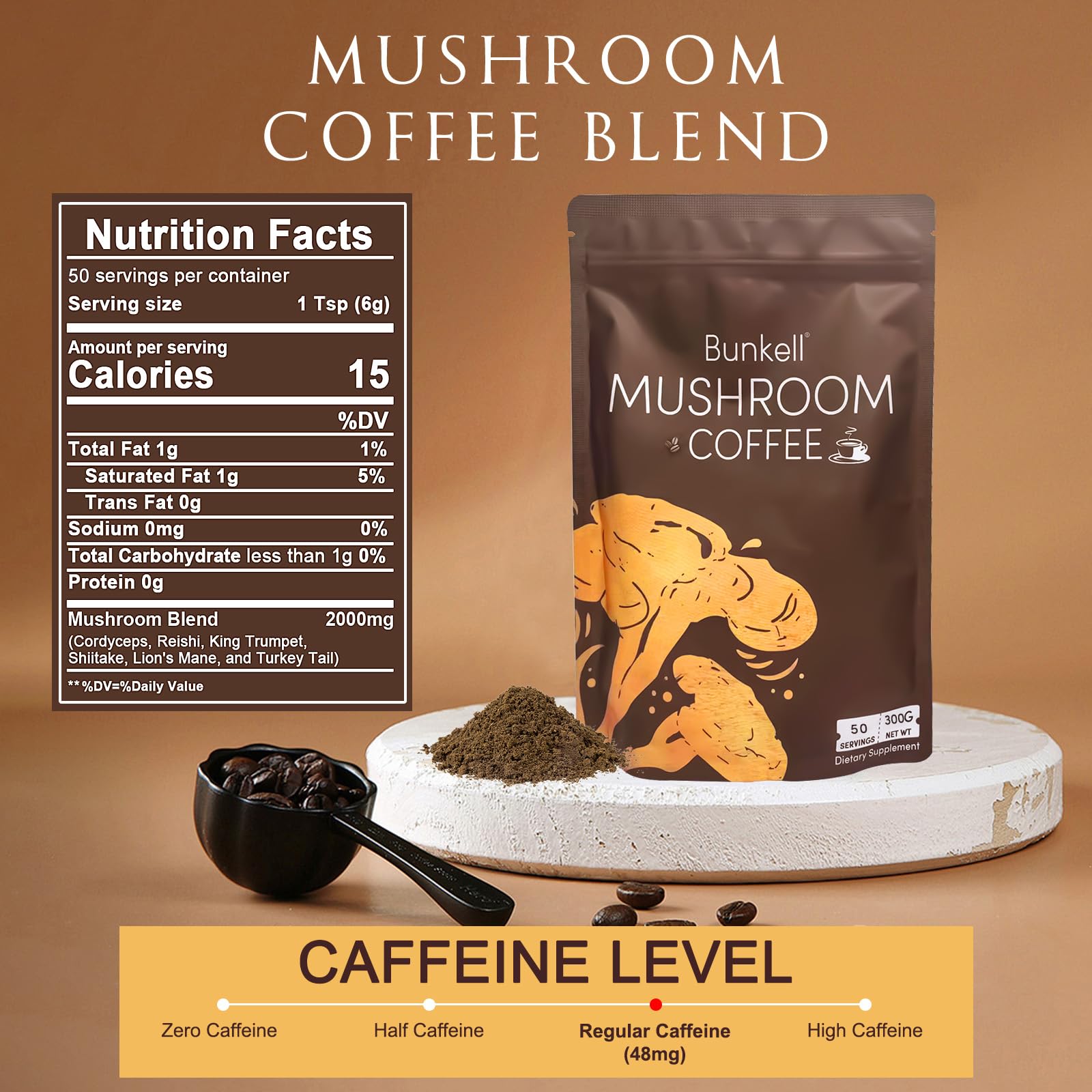 Café Bunkell champignons Reishi en poudre pour détente et équilibre mental.