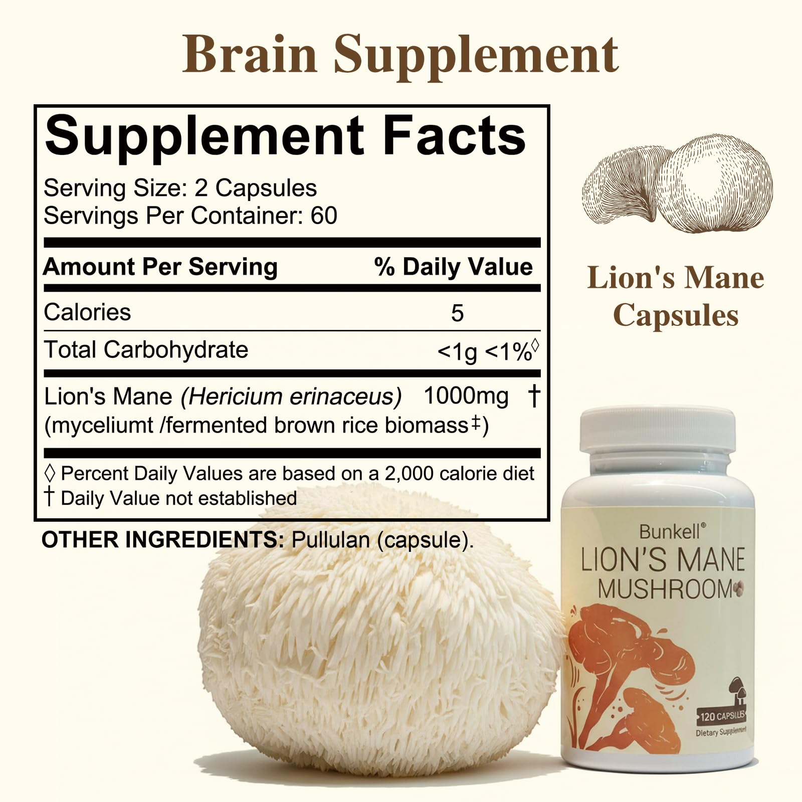 Étiquette Bunkell Crinière de Lion, informations claires et sans gluten.