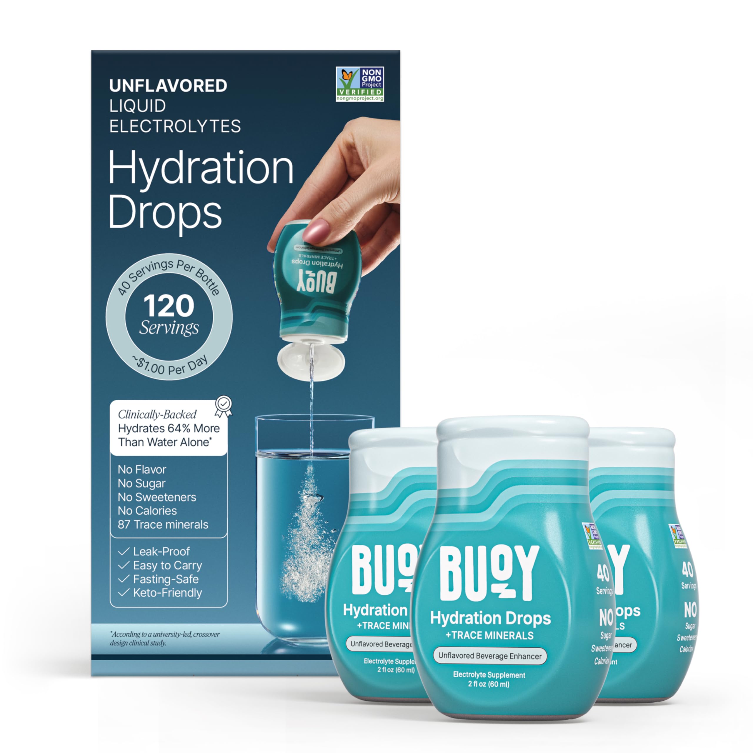 Buoy gouttes électrolytiques dans la bouteille, hydratation pratique.