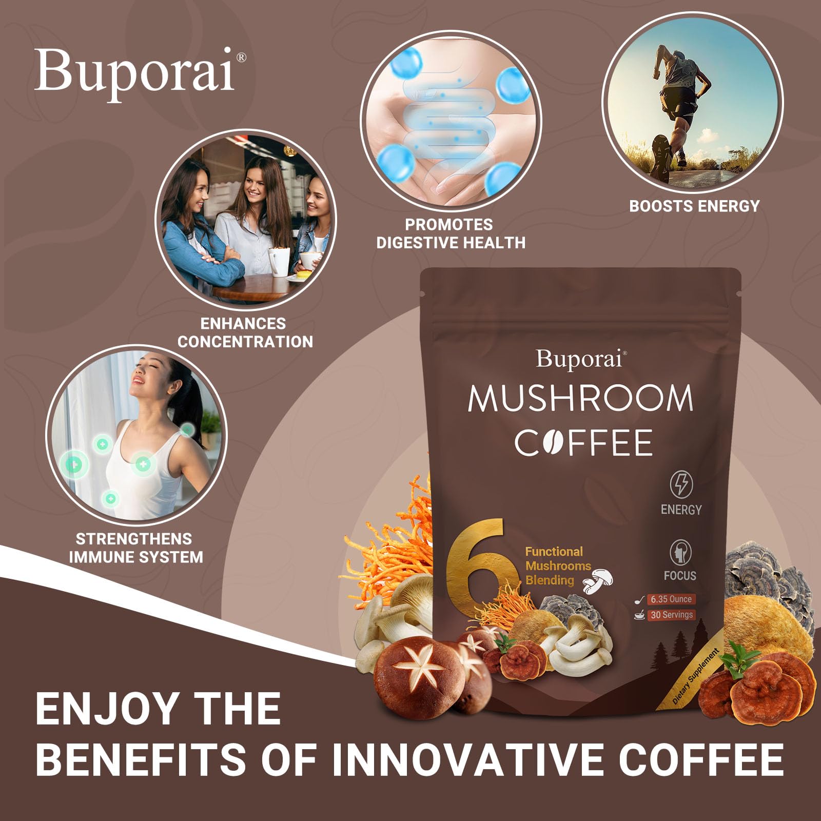 Buporai Café Champignons – crinière de lion pour concentration naturelle et clarté mentale.