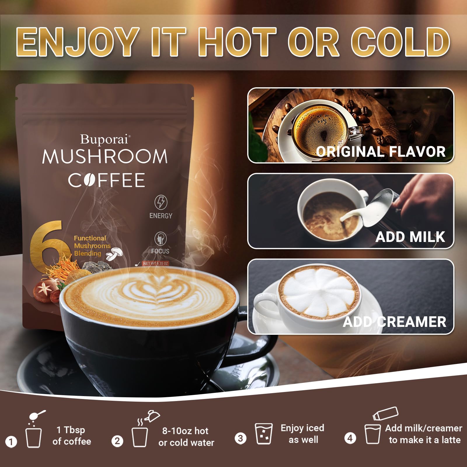 Buporai Café Champignons – pleurote géant présente un arôme doux et agréable.