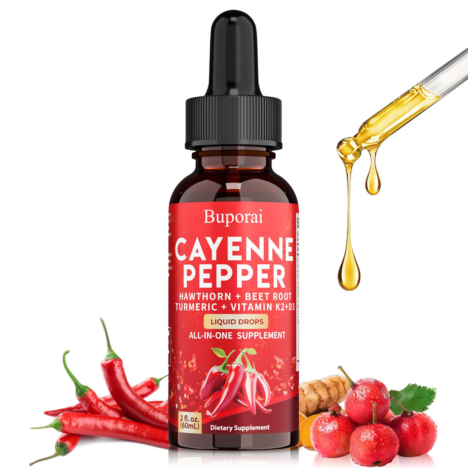 Gouttes Cayenne Buporai dans une bouteille ouverte, soutien digestif potentiel.