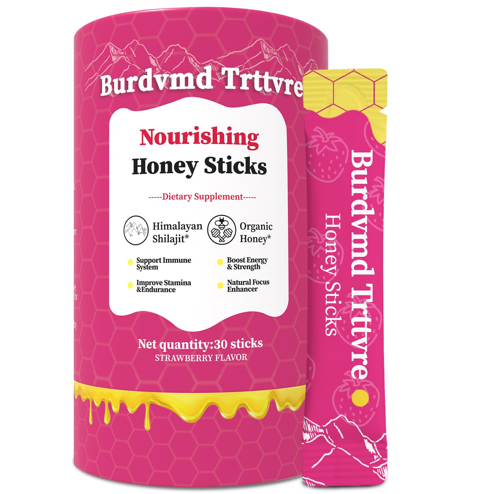 Shilajit Burdvmd Trttvre, emballage pratique miel fraise, énergie au quotidien.